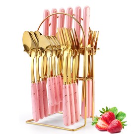 Gold Silverware Set, Caliamary 24 Pieces Flatware Set with Silverware Holder, Stainless Steel Knives Forks Spoons Cutlery Set Service for 6, Kitchen Utensil Tableware Set with Pink Handle (Pink)