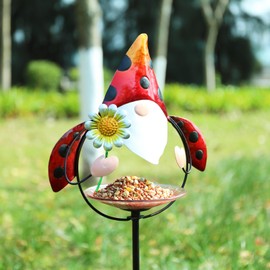 MUMTOP Glass Bird Baths for Outdoors, 32 Inch Height Small Garden Gnome Birdbath Bird Feeders Unique Metal Ladybug Gnomes Decorative for Outdoor Outside Yard Lawn, Red