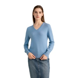 State Cashmere Women’s Essential V-Neck Sweater 100% Pure Cashmere Classic Long Sleeve Pullover (Bella Blue, Large)