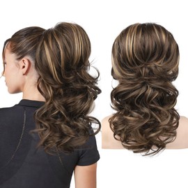SEIKEA Ponytail Extension, 18" Long Wavy Curly Drawstring Ponytail Multi-layered Fluffy Thick Clip in Hair Extensions Natural Soft Synthetic Hairpiece Chocolate Brown with Highlights