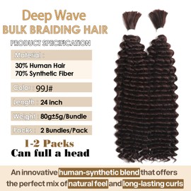 Human Braiding Hair Mixed Synthetic Braiding Hair for Boho Braids 2 Bundles 160g Deep Wave Bulk Human Hair for Braiding No Weft Hair Extensions Braids Wet and Wavy Braiding Hair 24inch（99J）