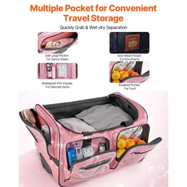 VEVOR Rolling Duffle Bag, 106L Travel Duffle Bag with Wheels, USB Port, Privacy Protection Curtain, Durable PVC Fabric with Water-Proof Coating, for Travel and Competitions, Sparkling Pink 23 Inch