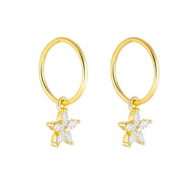 Serenity Sleepers 24K Gold Plated 925 Solid Sterling Silver Sleeper Huggie Hoop Charm Earrings For Women | Flower | Dainty Zirconia Earrings