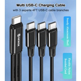 USB C Multi Charging Cable, 60W USB C to USB C Cable with 3 Separate 4FT USB C Cable Branches Nylon Braided, 3 in 1 USB C Splitter Cable Fast Charging for Apple and Android Devices