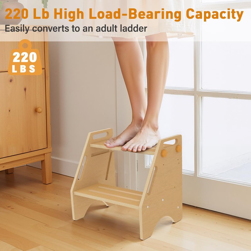 Toddler Step Stool, Wooden Height-Adjustable 2 Step Stool for Kids,
