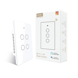 MOES Touch Wall Single Live Wire Smart Switch, No Neutral Wire Needed, 2.4GHz WiFi RF433 Light Switch Works with Smart Life/Tuya App, Alexa and Google Home, Single Pole 110V, White 4 Gang