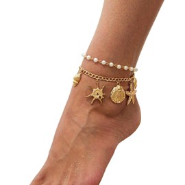 Riymusry 2Pcs Metal Shell Starfish Tassel Anklet Bracelet Bikini Seashell Conch Foot Chain Simple Summer Beach Adjustable Pearl Anklet for Women (Gold)