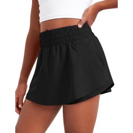 CRZ YOGA Short atlético para niñas con Bolsillo con Cremallera - Falda de Cintura Alta con Volantes para Entrenar Negro Grande
