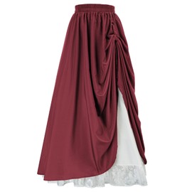 SCARLET DARKNESS Women's Renaissance Skirt with Ruffle Lace Hem, High Waist, A-Line Maxi Skirt, darkred