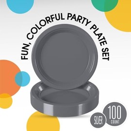 Exquisite Party Solids Silver Plastic Plates - 9 Inch, 100 Pack, 350 GSM