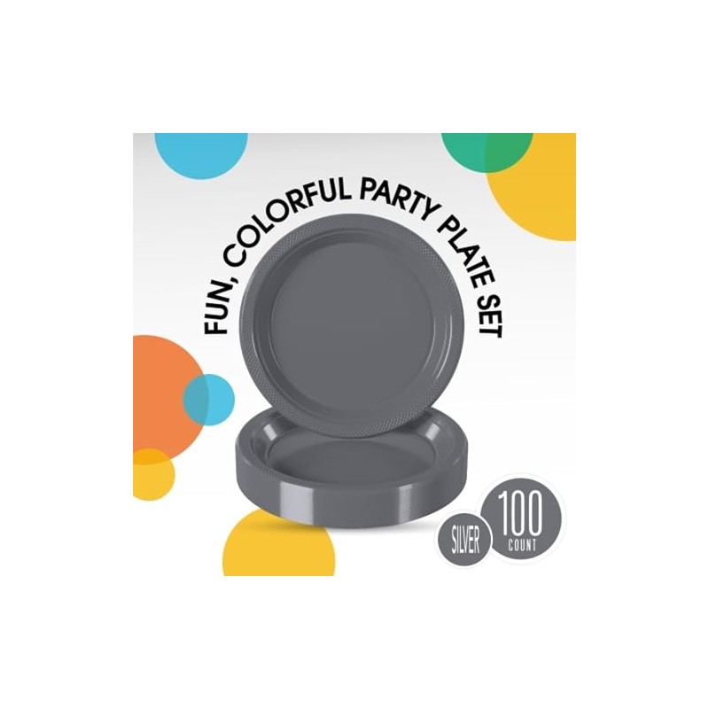 Exquisite Party Solids Silver Plastic Plates - 9 Inch, 100
