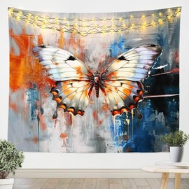 jejeloiu Butterfly Wall Hanging Large 59"x82" Abstract Tapestry for Kids Boys Girls Modern Art Wall Blanket Romantic Orange Grey Blue Wall Art Bedroom Tapestries
