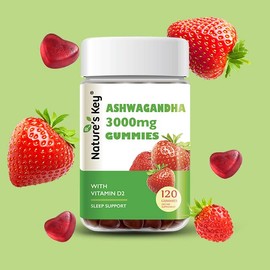 Nature's Key Ashwagandha Gummies, High Potency Ashwagandha Root Extract with Vitamin D2, for Men & Women, Stress, Calm Mood & Cognition, Strawberry Flavor (120 Count (Pack of 1)