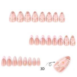 Onsdag Press on Almond Nails Medium Glossy Full Cover Acrylic Almond Shaped False Nails with Designs Artificial French Fake Nails Glue Stick ons Fingernails for Women Girls(JP3860)