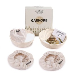 readyBready Proofing Basket (Round, 22 cm and 25 cm) – High-Quality Proofing Basket Set for Bread Baking Including Linen Cloths, Dough Scraper, Bread Bags & Recipes