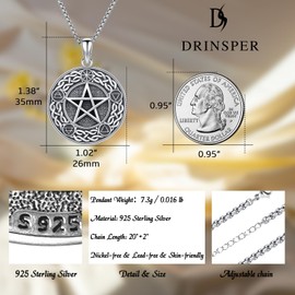 DRINSPER Pentagram Necklace Pentacle Pendant Wiccan Jewelry 925 Sterling Silver Pagan Magic Amulet Witchy Necklace for Women Men Gifts for Fathers Day from Daughter Son Graduational Gift