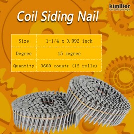 kimllier 3600 Count Coil Siding Nail Full Round Head Wire Collated Coil 15-Degree 1-1/4-Inch x .092-Inch Ring Shank Hot Dipped Galvanized