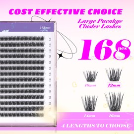 GAQQI Lash Clusters, GQ19 Individual Lashes 168pcs C Curl, DIY Lash Extension 12mm Length Only False Eyelash Clusters, Natural & Wispy Lash Wisps (GQ19,C Curl,12mm)