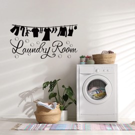 SUPERDANT Laundry Room Wall Sticker Vinyl Clothes Icon Lettering Wall Art Decal for Home Washing Machine Dryer Laundry Room Wall Decor Black 59x31cm