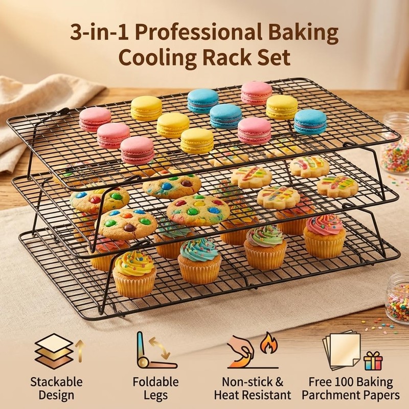 Cooling Racks for Baking, 3-Tier Stackable Stainless Steel Wire Cooling