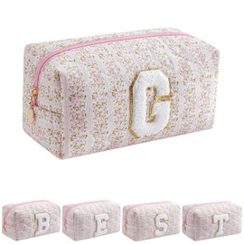 JOVAKIT Alphabet Makeup Bag Cosmetic Bag for Women, Christmas Gifts for Girls Age 6-18, Floral Flowers Coquette Travel Toiletry Zipper Make Up Pouch Organizer Trendy Stuff (Pink Floral G)