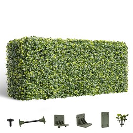 Windscreen4less 36Wx18Hx6D inches Artificial Boxwood Hedge Wall, Green Plant Fake Grass Background Partition, Outdoor Privacy Wall for Indoor, Garden, Party Decoration (White Flowers Included)
