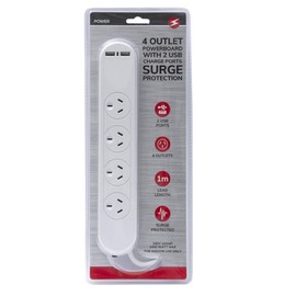 Surge Powerboard 4 Way w/ 2 USB Charging Port Strips Outlets 1M Phone SAA AU