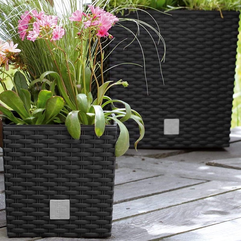 Prosper Plast Rattan Flower Pot, Black (Anthracite) Plastic Planter, 17cm