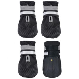 AMOMYDOG Hundeschuhe, 4 Stück Atmungsaktive Hunde Schuhe Outdoor mit Rutschfester Sohle, Verstellbarem Reflektierendem Klettverschluss Hundestiefel für kleine, Mittlere und Große Hunde (Schwarz, XXL)