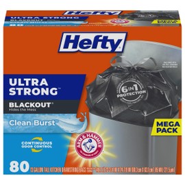 Hefty Ultra Strong 13 Gallon Trash Bags, Black Tall Kitchen Trash Bags 13 Gallon Size, Break Resistant Drawstring Enclosure, Continuous Odor Control, Blackout, Clean Burst Scent, 80 Bags | Hefty