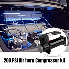 CNWZYMX 3/8NPT Heavy Duty 200 PSI Air horn Compressor kit with 1/4NPT Converter head and Oil water separator, Fittings for 12V Cars/Train/Truck,Air Suspension horn Compressor BLACK