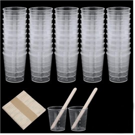 Transparent Scale Cups,Plastic Graduated Cups, 50pcs 30ml Plastic Graduated Cups with Lids Plastic Mixing Cup Reusable Measuring Cups with 50 Pack Wooden Stirring Sticks for Kitchen Cooking DIY