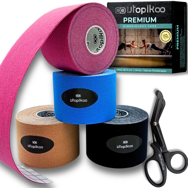 Utopikoo® Kinesio Tape [4 Rolls 5cm x 5m + Physiotherapy Scissors] Kinesio Tape Elastic Kinesio Tape Neuromuscular Bandage Sports Tape Physiotherapist Tape