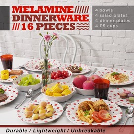Melamine Dinnerware Set for 4-16 Pcs:Camping Dishes Set with Dinner Plates,Salad Plates,Cups and Bowls.Lightweight and Unbreakable.Indoor and Outdoor Use. flower 13