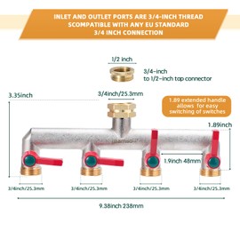 iBamso 4 Way Brass Hose Splitter, 3/4 Inch Tap Adapter Hose Pipe Tap Splitter Connection with 4 Individual Valves and Extended Handle for Outdoor Garden Faucet Watering System Laundry Room