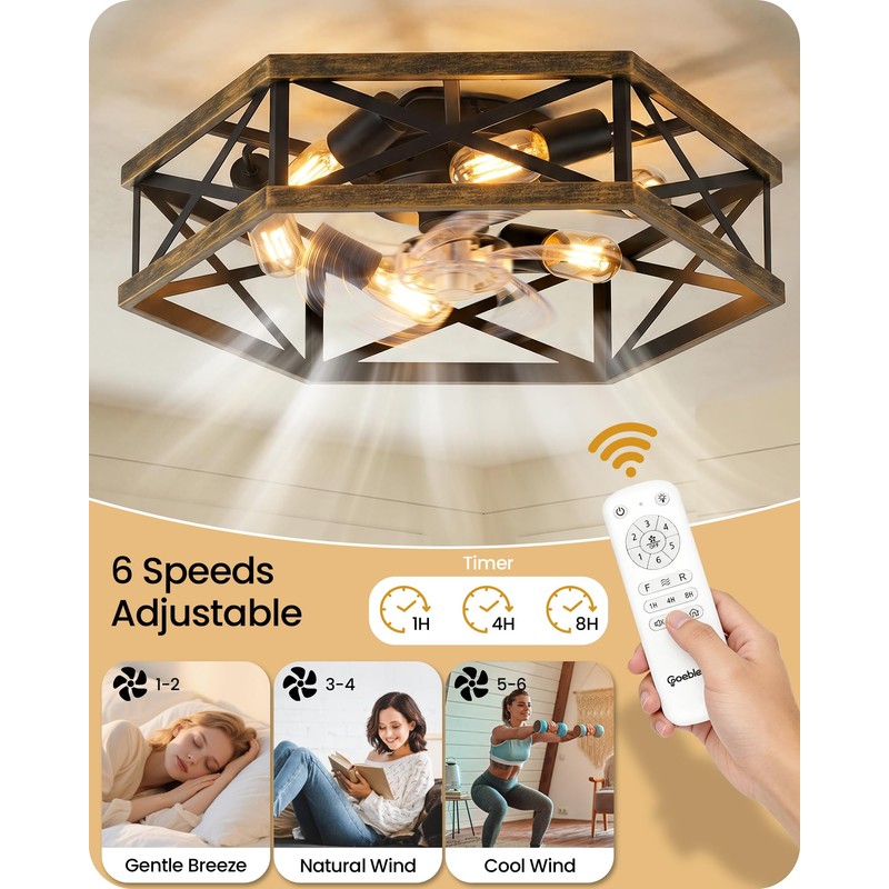 23" Farmhouse Flush Mount Ceiling Fan with Lights and Remote,