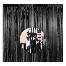 CC wonderland zone Black Metallic Tinsel Curtain(1m x 2m),2 Pack Glitter Foil Fringe Curtain for Backdrop Decorations