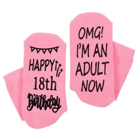 Prasacco Socken Geschenk zum 18. Geburtstag, Lustige Baumwollsocken Rutschfeste Socken mit Schriftzug-Print Geburtstag-Sock für 18-jährige Jungen und Mädchen (Rosa)