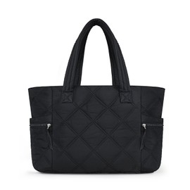 Prite Quilted Tote Bag for Women, Lightweight Puffer Tote with Zipper, Travel Work Nurse Gym Bag(Black)