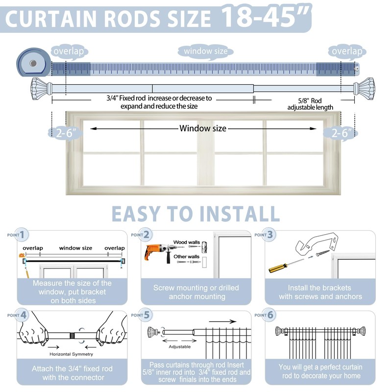 TVWOO Acrylic Crystal Silver Curtain Rod 18-45",Clear Bling Diamond Finials