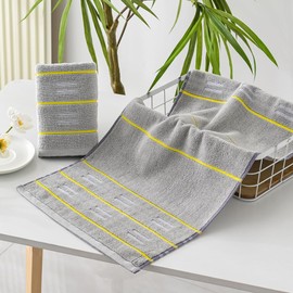 YiLUOMO Grey Hand Towels Yellow Striped Design Super Soft 100% Terry Cotton Highly Absorbent Decorative Hand Towel for Bathroom (13 x 29 Inch, 2 Pieces)