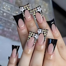 BABALAL Duck Nails Press on Black French Tip Fake Nails with Flower Charm Acrylic Nails Rhinestone Bling Shiny False Nails Full Cover Duck Bill Stick on Nails Supplies Diy Nails for Women Girls