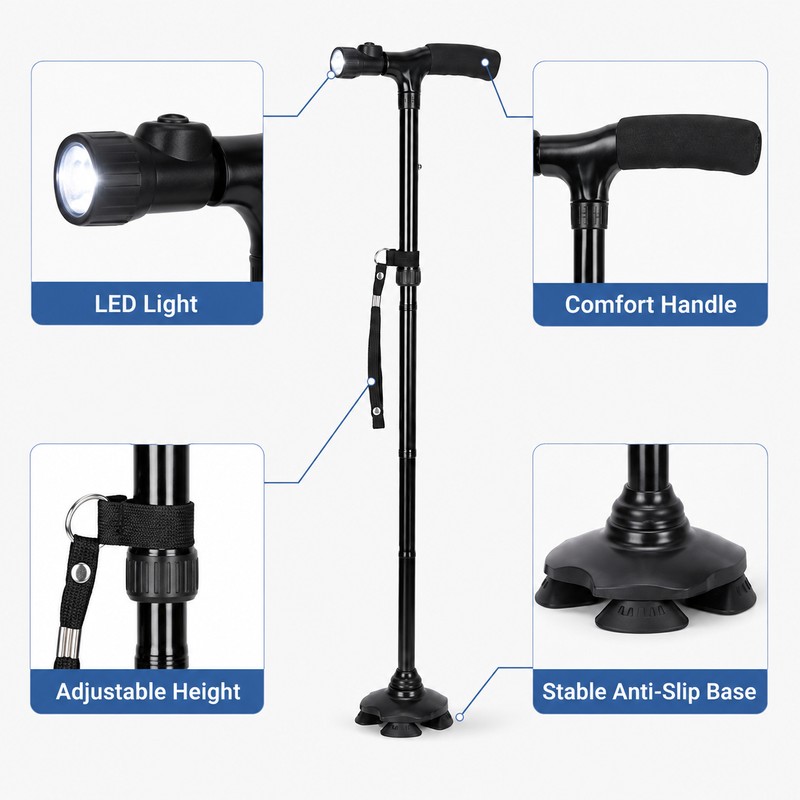 Foldable Walking Cane with LED Light – Adjustable Lightweight Aluminum