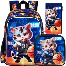 UFNDC 3PCS Basketball Cat Bookabg for Boys, Kids Backpack with Lunch Box, Water Resistant School Bag for Elementary Preschool Toddler