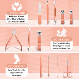 Manicure Pedicure Set 12PCS, Nail Clippers Set for Men Women, Toe Nail Clipper, Manicure & Pedicure Tools & Accessories, Nail Grooming Kit with Rose Gold Leather Case for Travel & Home
