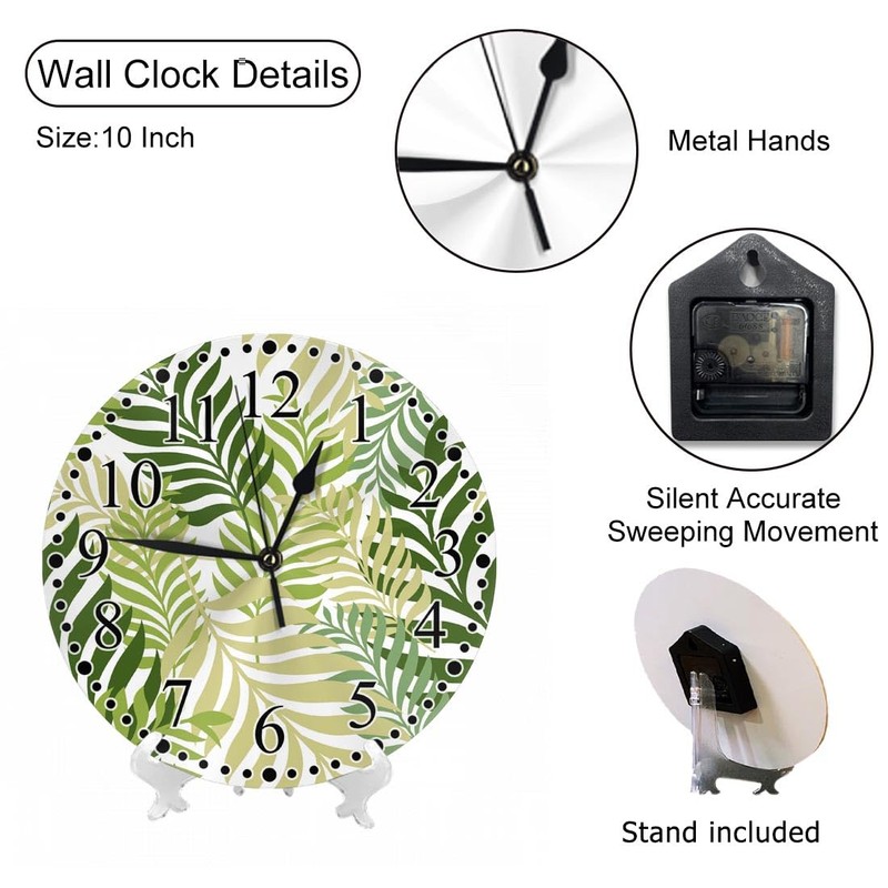 KEEPSUPER Clock Green Palm Tree Leaves Wall Clock 10 Inch