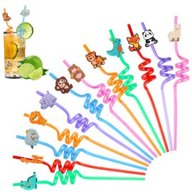 Pack of 12 Children's Drinking Straws, Animal Straws, Reusable Straws, Colourful Party Straws for Children, Birthday Party Decorations, Christmas, Party Accessories (Animals)