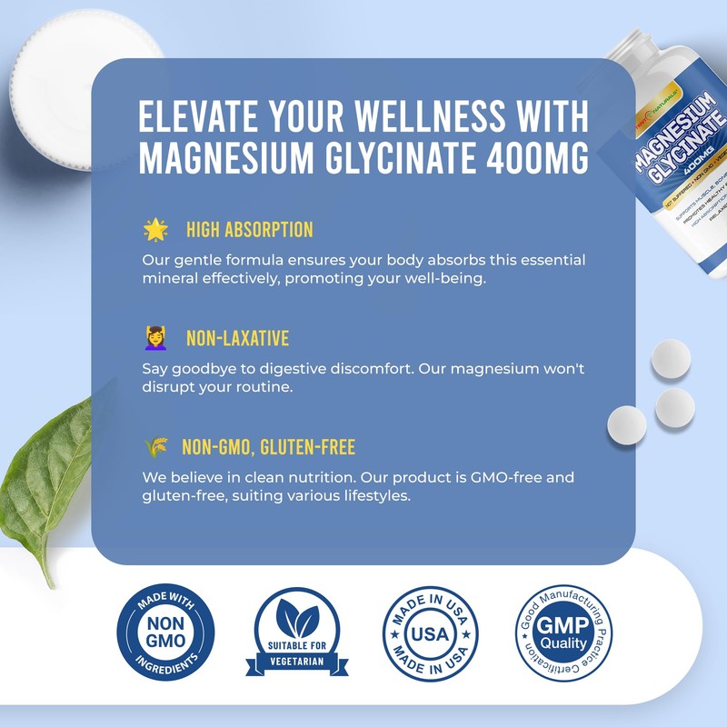 POTENT NATURALS Magnesium Glycinate 400mg 180 Tablets - Gentle Absorption