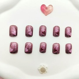 Glitter Press on Nails Shrot Square Fake Nails with Red Pink Heart Designs False Nails Press ons Glossy Acrylic Nails Cute Glue Stick on Nails for Women 24 Pcs