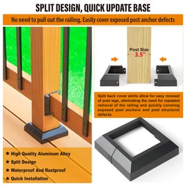 Wocepu 4 pcs 4x4 (Actual: 3.5"x3.5") Aluminum Deck Post Base Cover, for Railings, Stairs, Patios, Porches, Split Deck Post Skirt (Black)